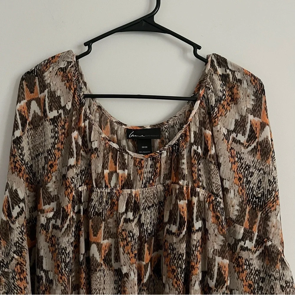 Lane Bryant Fall Brown and Orange Aztec Print Sheer Blouse